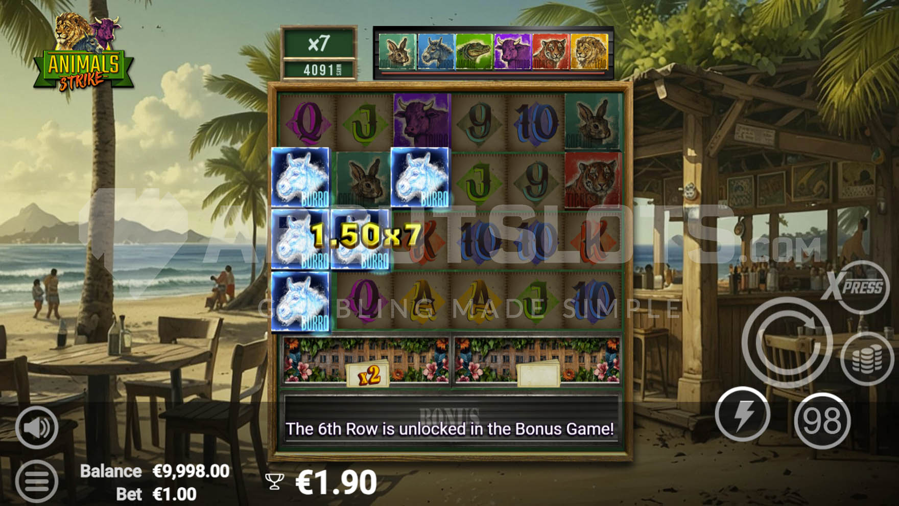 Base game view with partially unlocked grid and winning combination of 3 symbols with x7 multiplier