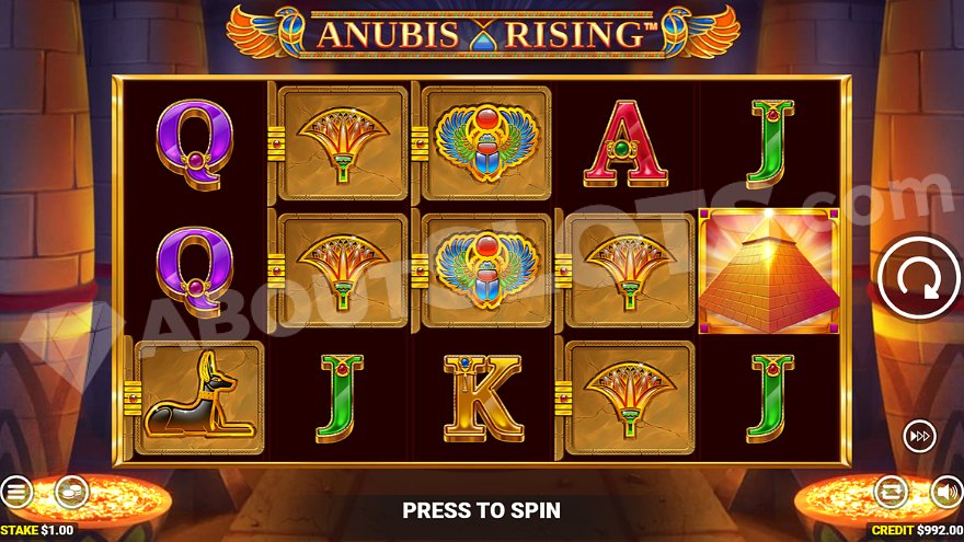 Egyptian-style slot machine with Anubis symbols and ancient tomb background.