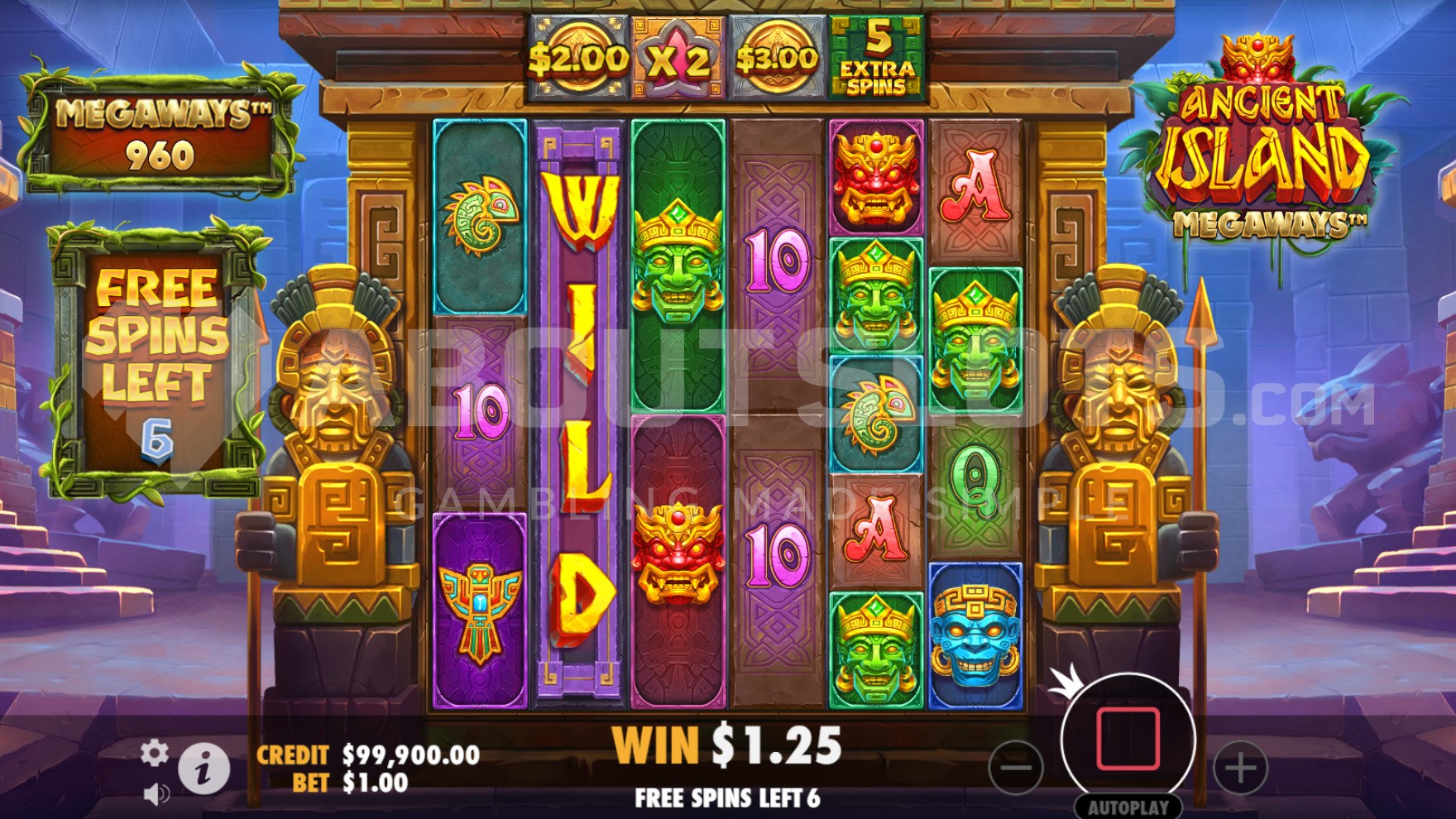 Free spins bonus round showing the temple setting and multiplier values