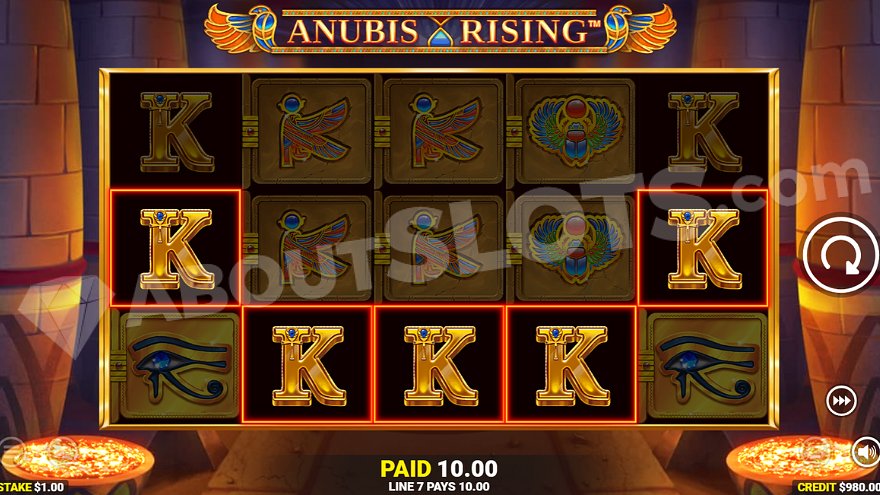 Winning combination of 5 K symbols in Anubis Rising slot game.
