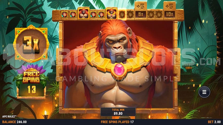 Large gorilla symbol appearing on all reels during free spins feature