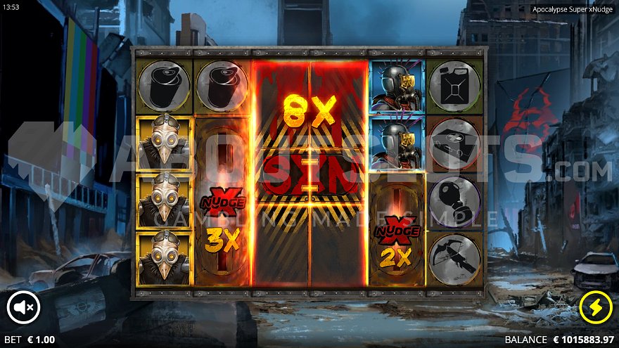 8X Super xNudge Wild positioned on reels 3 and 4 in Apocalypse slot