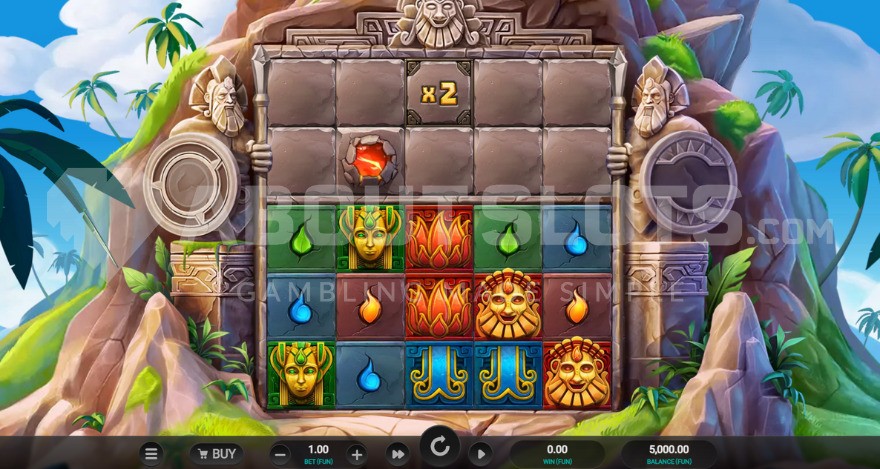 Base game with a tropical island background behind the reels.