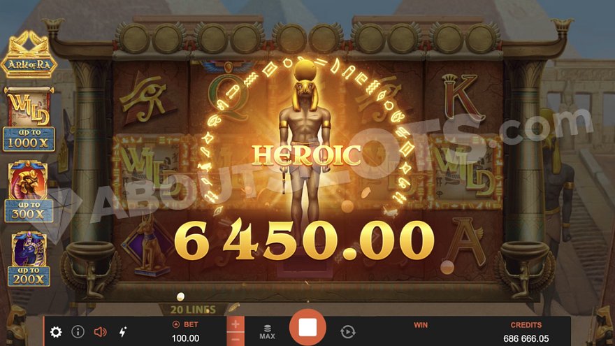 Ark of Ra bonus feature activation screen showing free spins options