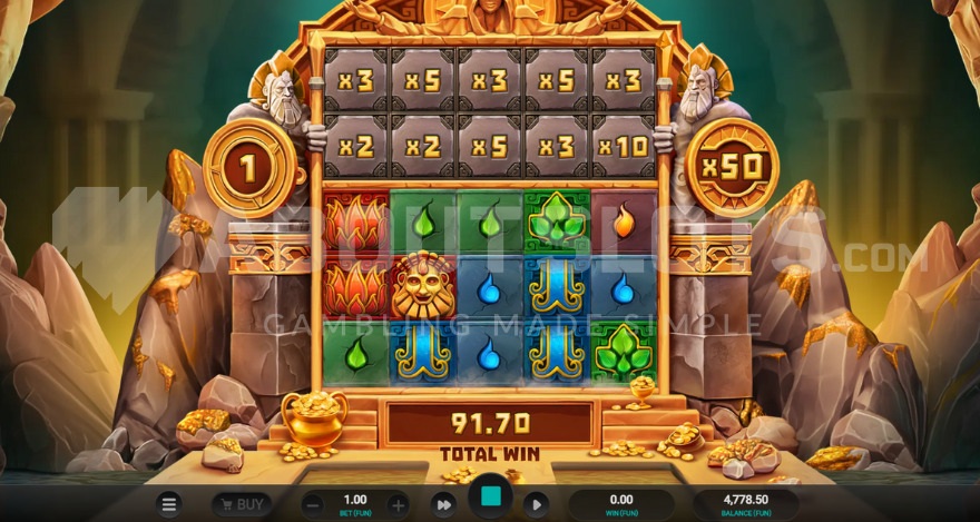 Super Free Spins bonus game with current win multiplier 50X on the right.