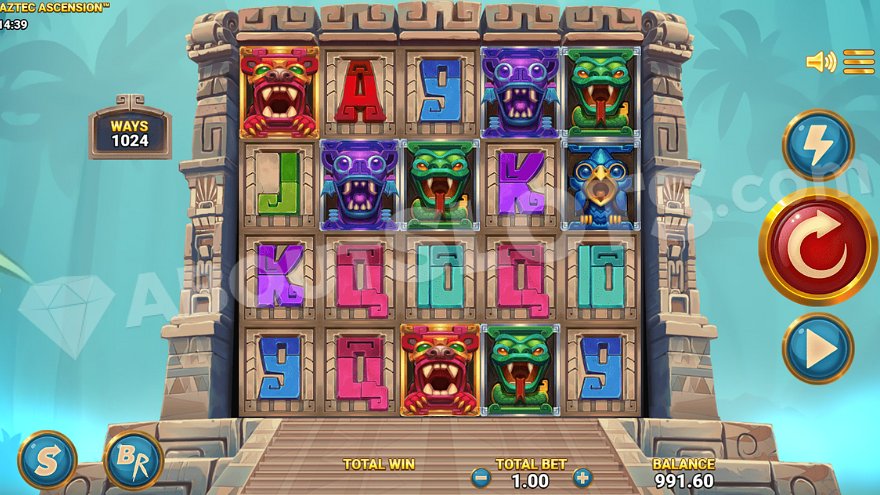 Aztec Ascension slot main game screen showing temple background