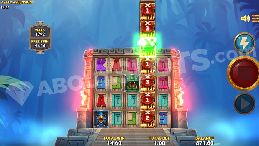Aztec Ascension slot bonus feature screen showing expanded reels