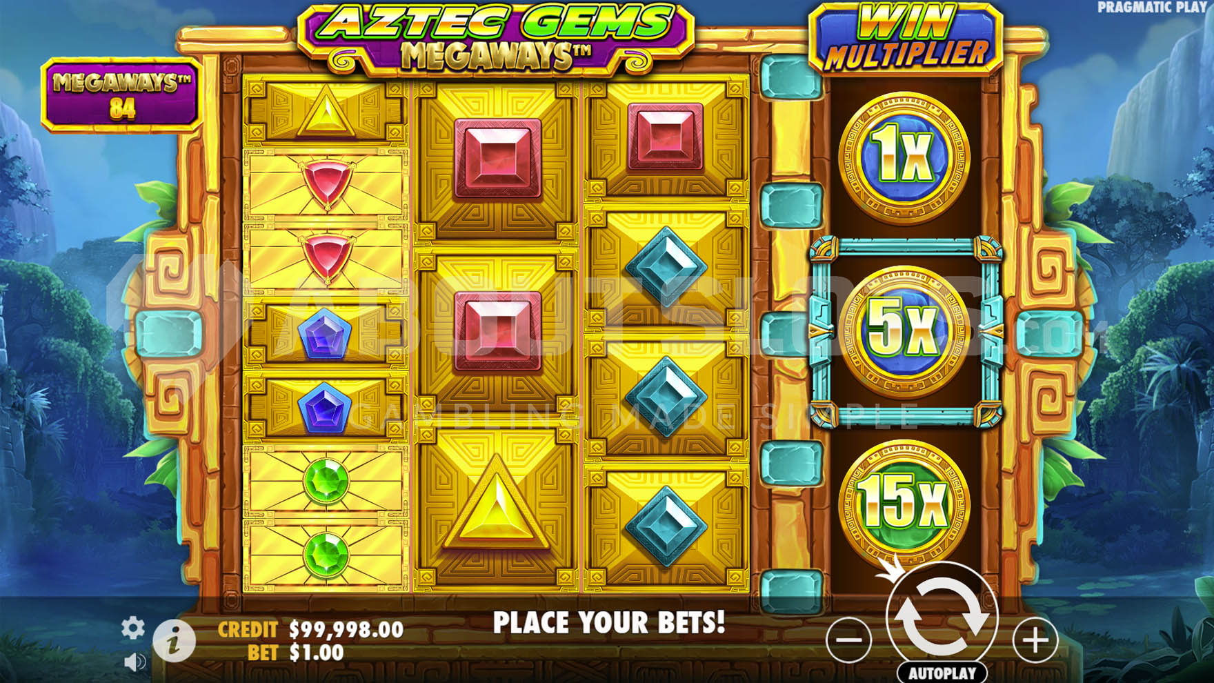 Base game showing a 3-reel grid with variable number of symbols on each reel and an additional multiplier reel