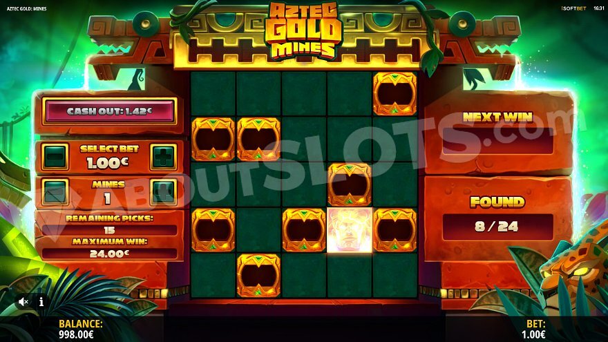 Aztec Gold Mines slot payout table showing various win combinations