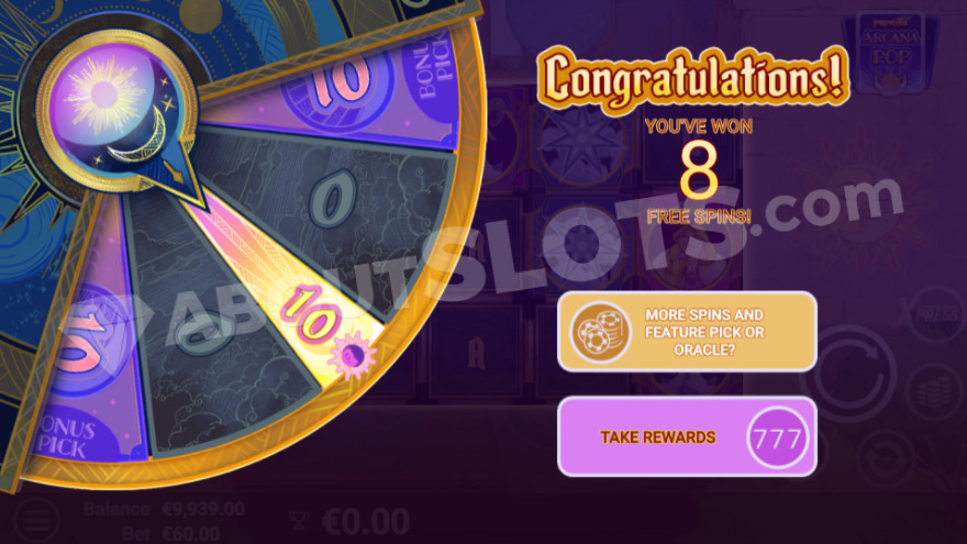 Introduction to free spins with the opportunity to use the gamble wheel feature.