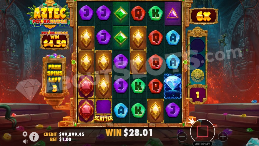 Bonus game with free spins with a 6X win multiplier in the top right