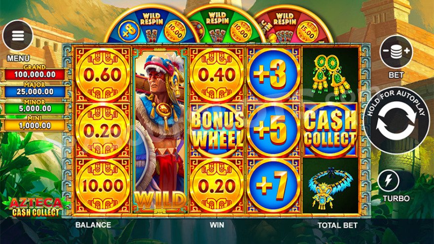 Base game of Azteca Cash Collect with jackpots visible on the left side of the reels.