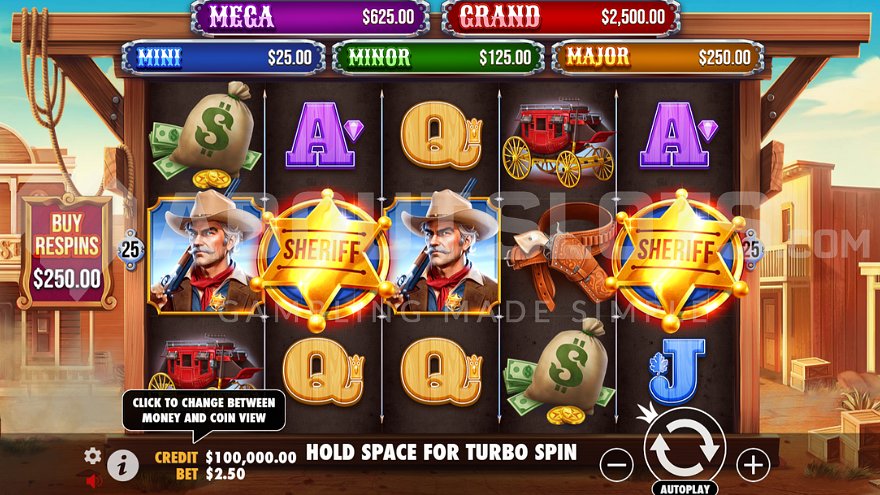 Wild West themed slot machine base game
