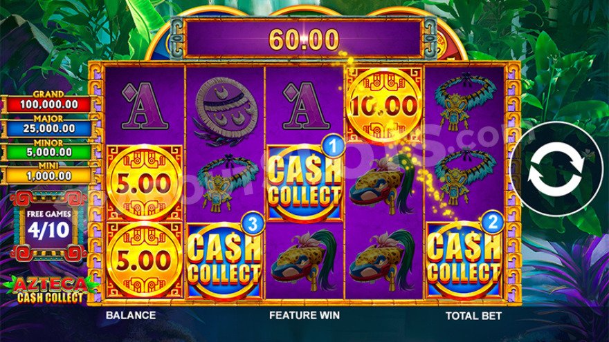 Free spins feature with activated Cash Collect function in Azteca slot game.