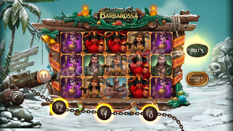 Base game of Barbarossa DoubleMax slot with beach scenery