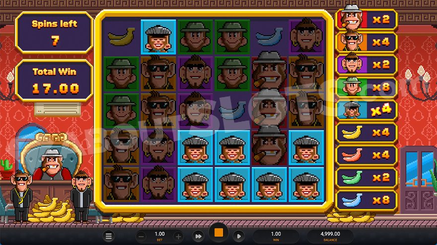 Win with 8 blue monkeys during free spins feature.