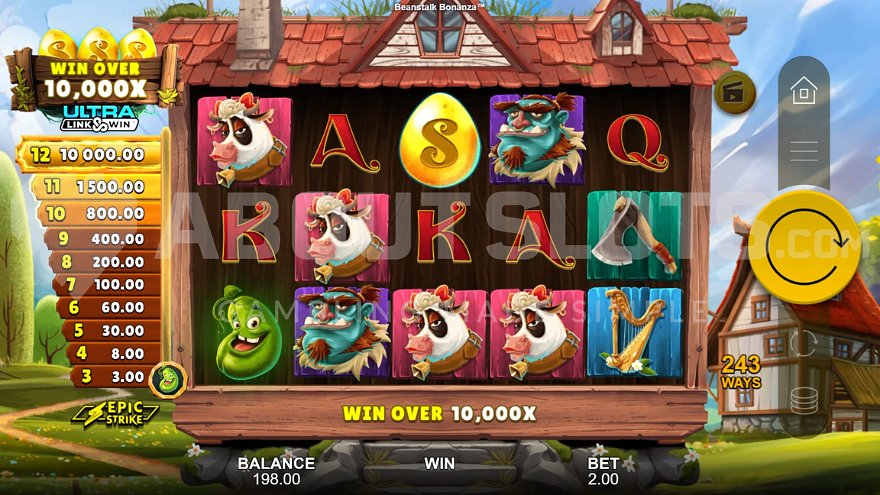 Base game display of Beanstalk Bonanza slot showing reels against a cottage backdrop
