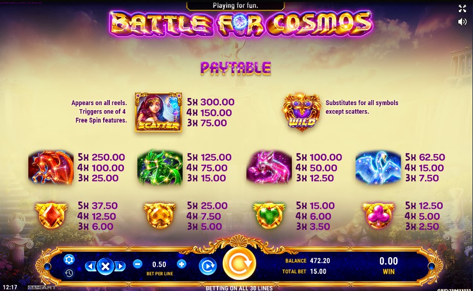 Battle for Cosmos paytable and symbols