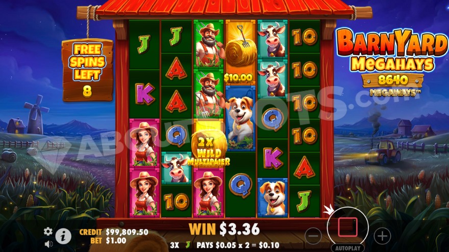 Free spins feature with 2X wild multiplier on the third reel