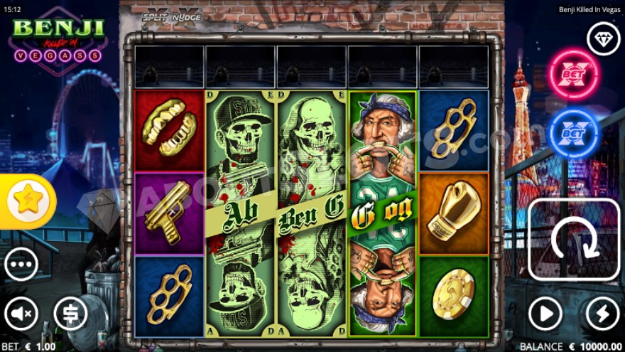 Base game of Benji Killed in Vegas with iconic Las Vegas buildings in the background.