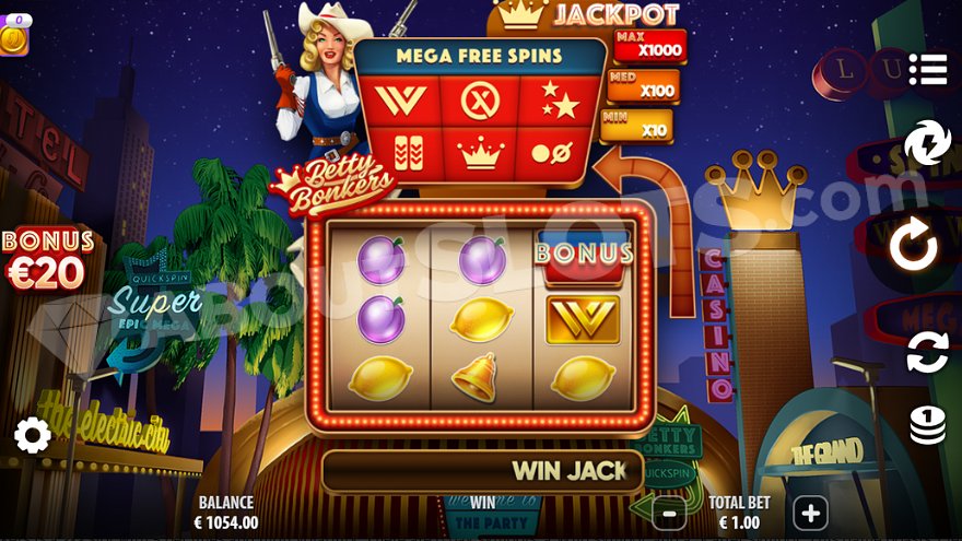 Las Vegas strip at night with three slot reels in the center of the game