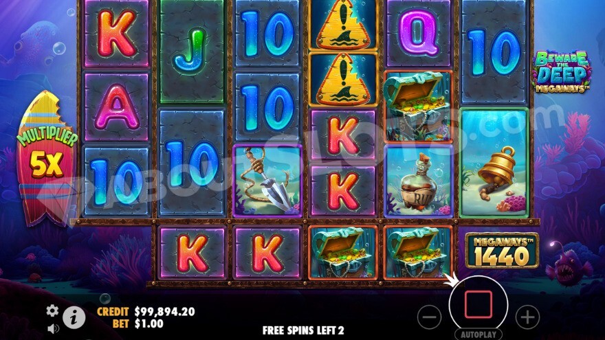 Deep Free Spins feature with 5X multiplier shown on the left