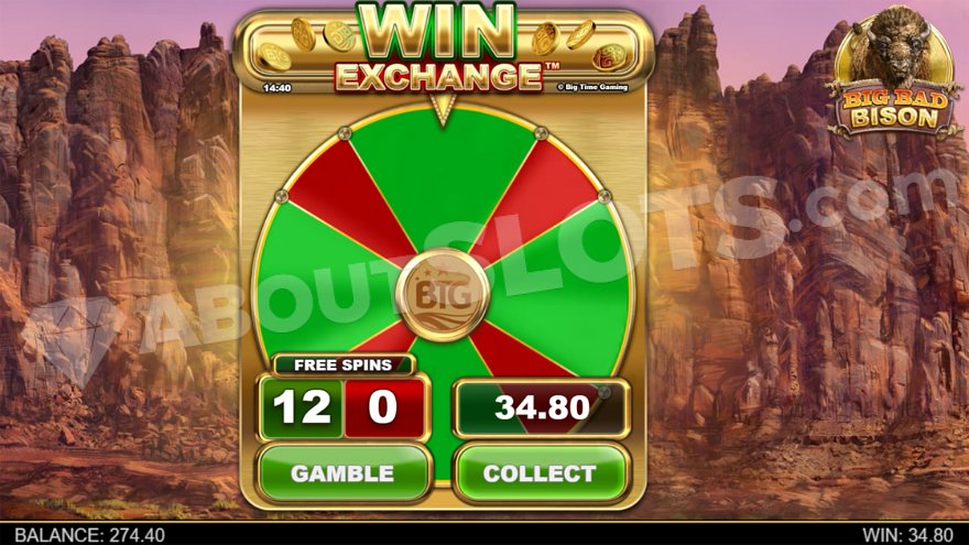 Wheel with red and green segments for the gamble feature.
