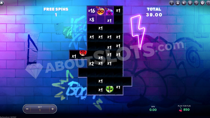 Bonus game with free spins showing several bombs on the reels in Big Bang Boom slot.