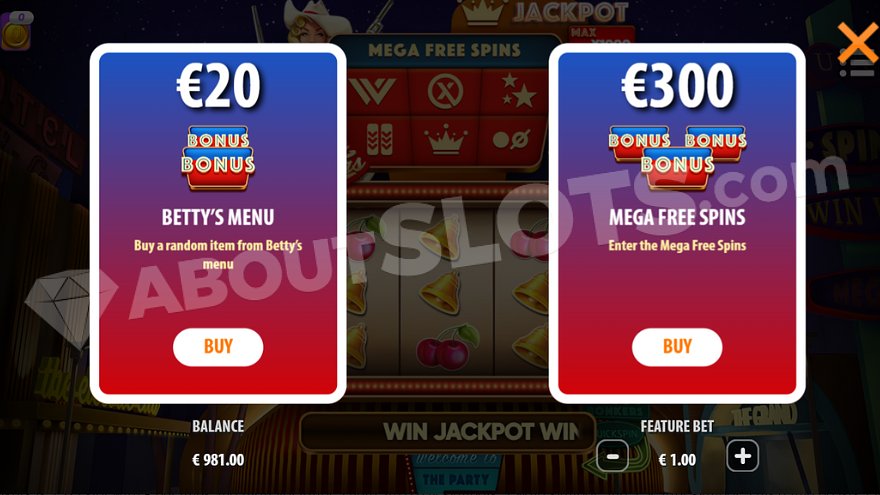 Two buttons showing you can buy Betty's Menu for 20x stake or mega free spins for 300x stake