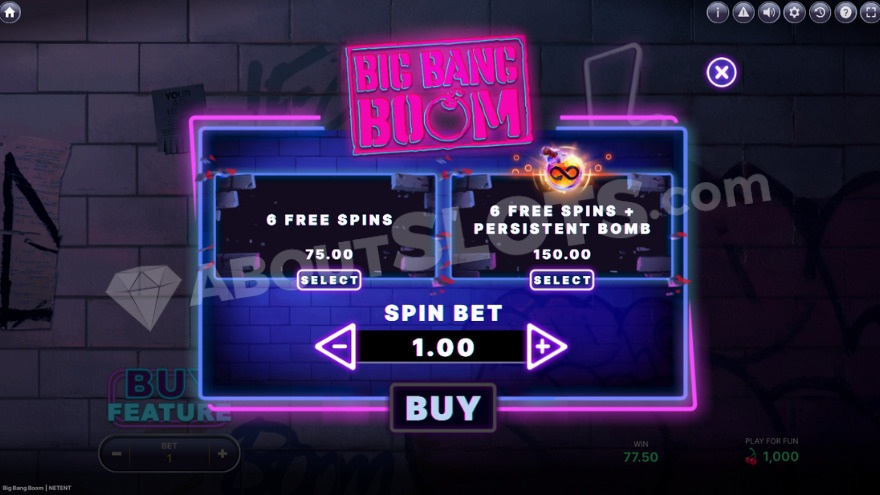 Bonus Buy feature with two options to choose from in Big Bang Boom slot.