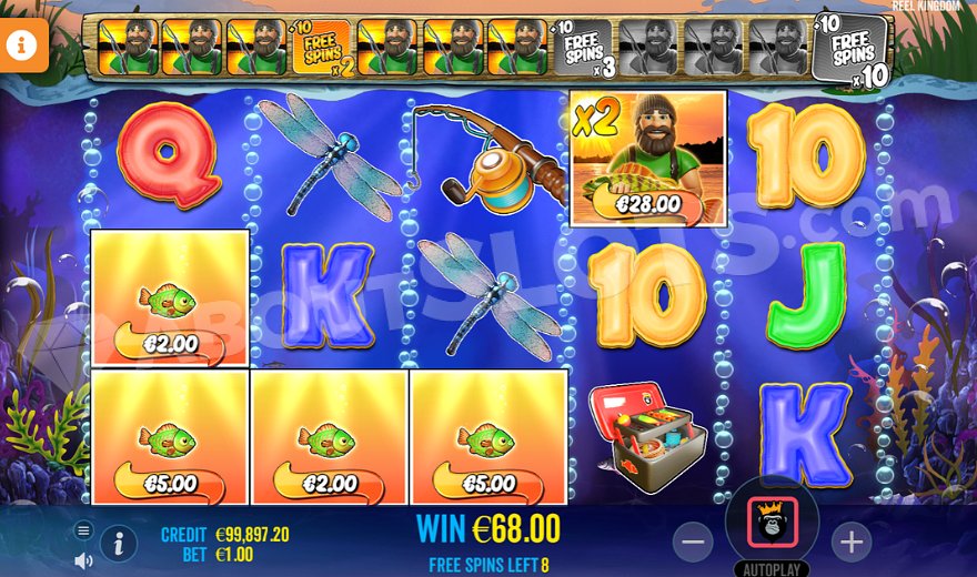 Wild symbol with 2X multiplier collecting four fish for a total of €28.00