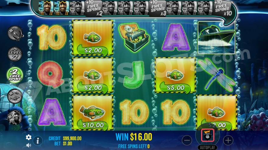 Bonus game with free spins showing two collected fisherman symbols above the reels.