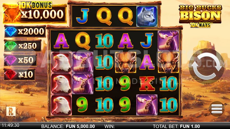 Game interface of Big Bucks Bison slot with animal symbols on reels