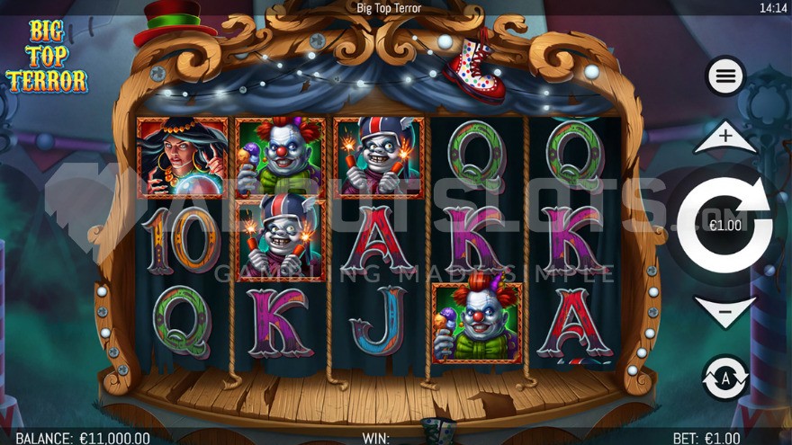 Base game with four clown symbols displayed on the reels.