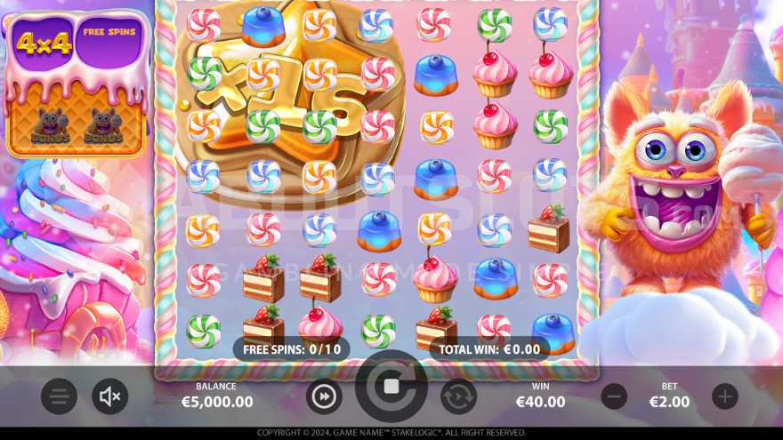 Bonus game with free spins and fluffy monster character