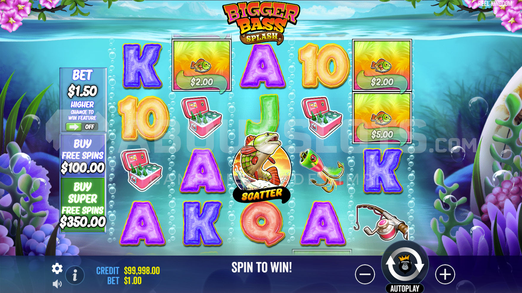 Base game view on a 5x4 grid with a combination of regular and special symbols against an underwater landscape background.
