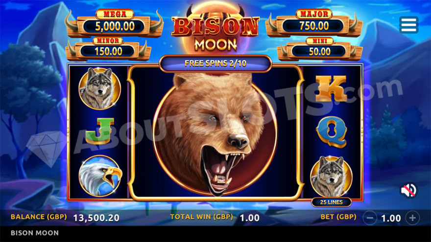 Bison Moon free spins feature with combined reels in action