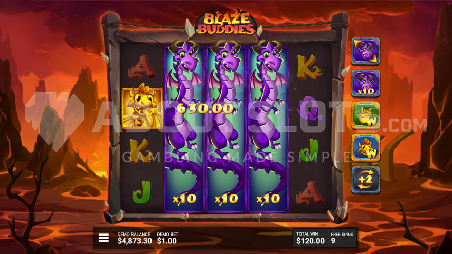 Bonus free spins in progress with 5 active enhancements shown on the right and 3 expanded dragon symbols on the middle reels with a win of 630.00