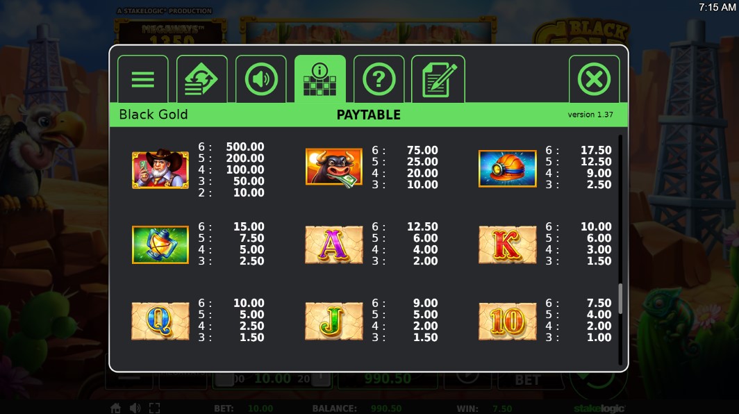Black Gold Megaways slot paytable