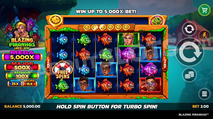 Five reels with four rows on a river background in Blazing Piranhas slot.
