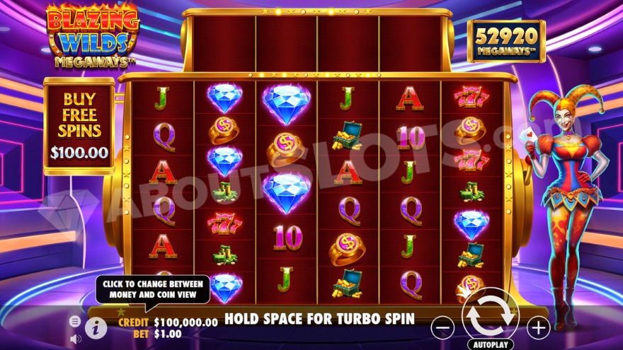 Base game view with the Joker standing on the right side of the reels