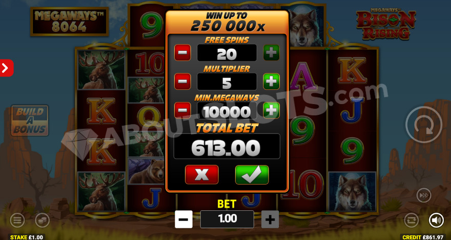 Build A Bonus feature with options to choose free spins quantity, multiplier and ways to win.