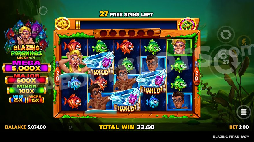 Win with three wild symbols during free spins mode in Blazing Piranhas slot.