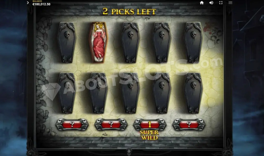 Ten black coffins arranged next to each other, one of which is open revealing a blonde woman in a red dress.
