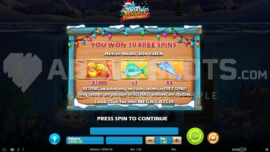 Free spins introduction screen in Boat Bonanza Christmas slot