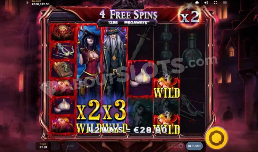 A win during free spins mode with blood-framed winning symbols.