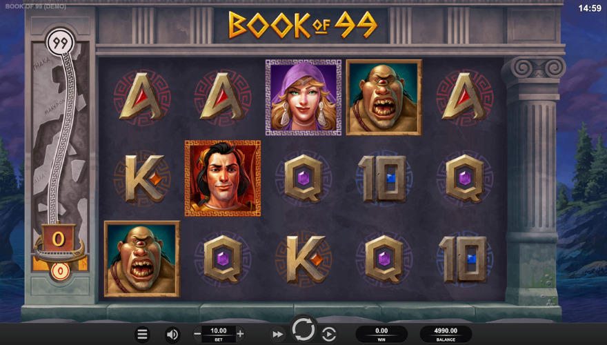 Book of 99 slot gameplay showing Greek-themed symbols and interface