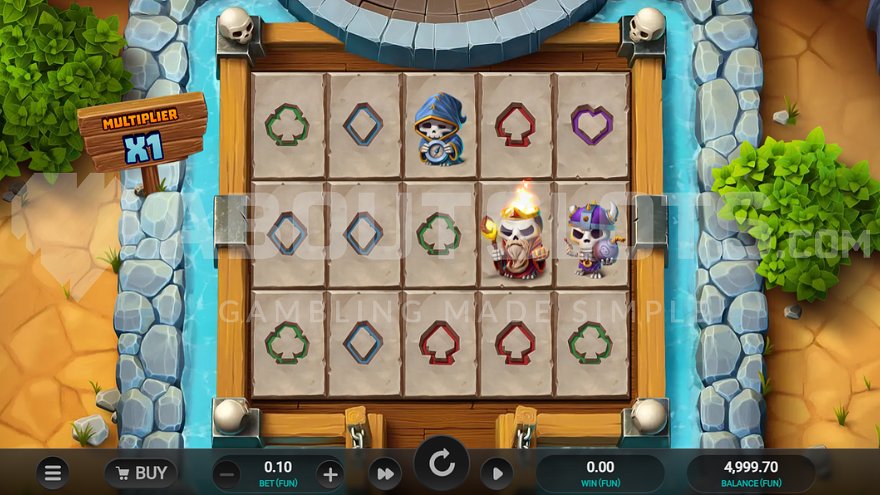 Bone Raiders slot main game screen with reels and castle yard