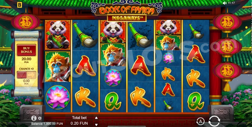 Screenshot of the colorful base game in Book of Panda Megaways