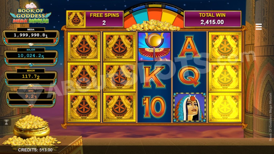Screenshot of the free spins feature in Book of Goddess Mega Moolah